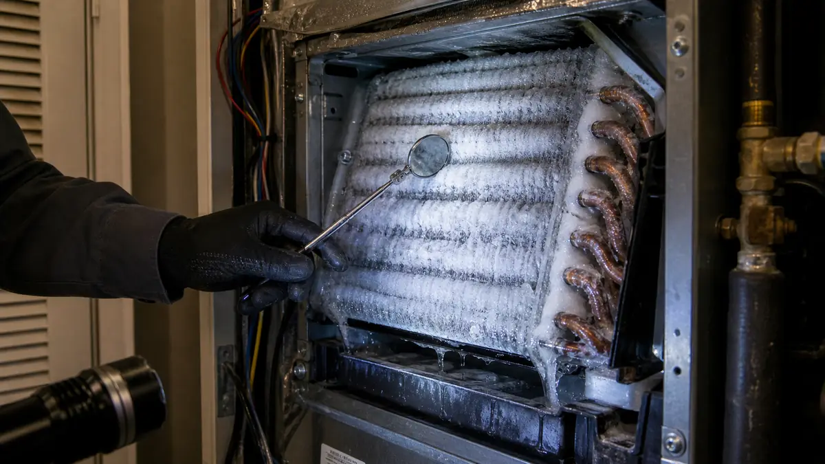 Frost on a Trane evaporator coil in a West Covina attic air handler