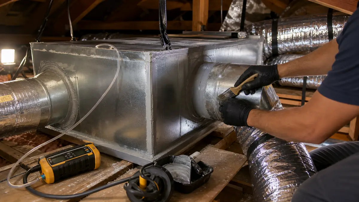 Leaky attic duct run being sealed in a West Covina tract home